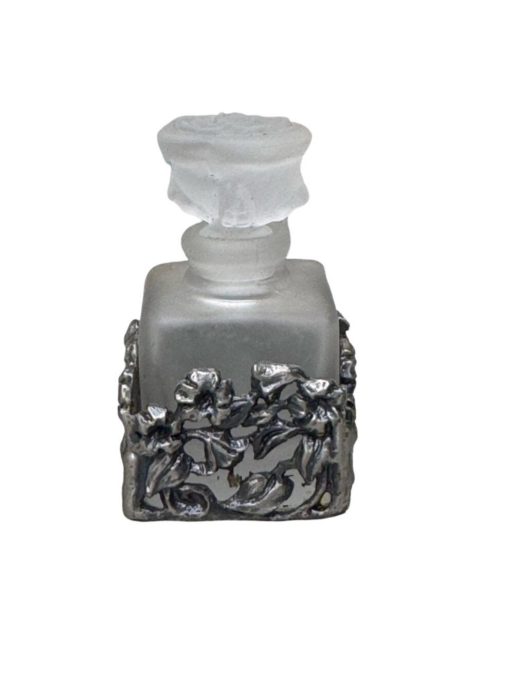 Frosted Glass Perfume Bottle Floral Metal Wrapped Vintage Vanity Decor 2" Mini
